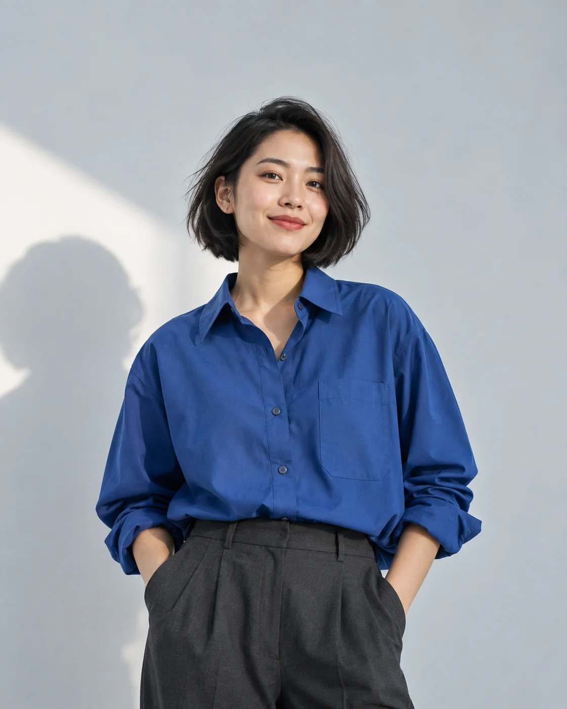 Model contoh AI dengan rambut bob dan kemeja cobalt pada studio abu-abu.