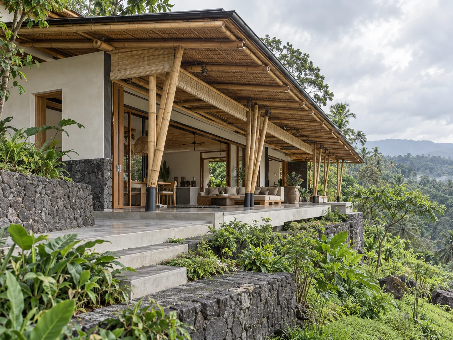Konsep AI vila tropis bertingkat rendah dengan struktur bambu dan veranda di lereng hijau.